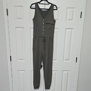 Soft Stretch Sleeveless Olive Green Jogger Jumpsuit Womens Large GUC